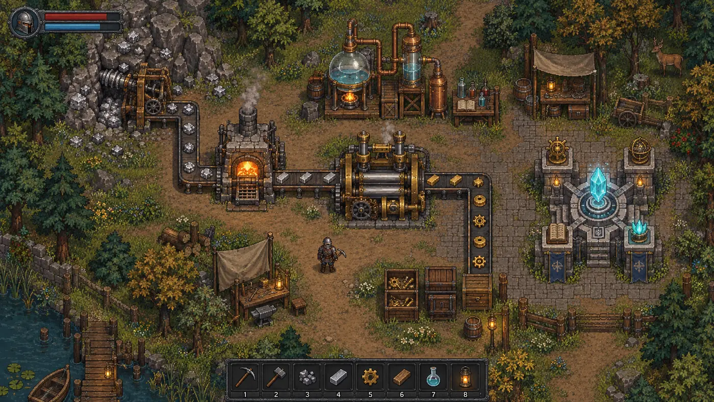 Концепт моей игры для Steam: производственные цепочки, печи и алтарь в лесу