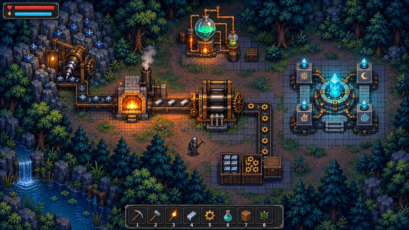 Концепт моей игры для Steam: ночной лес, печи, конвейеры и светящийся кристалл